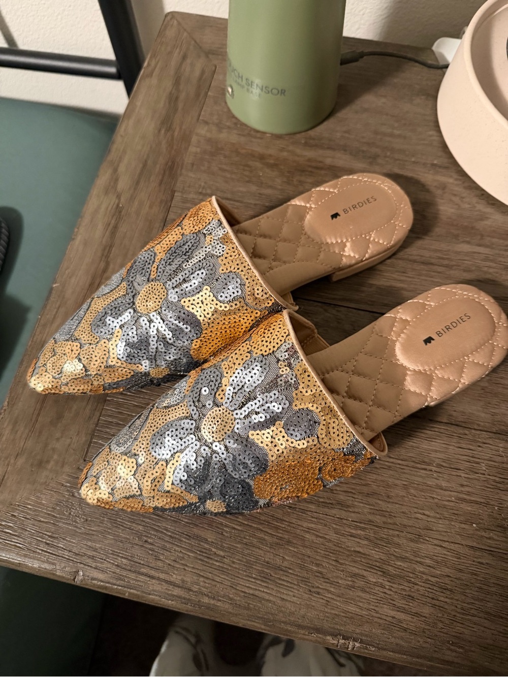 Birdies Gold & Silver Sequin Floral Slip-On Mules